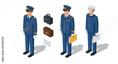 Isometric mail professionals with uniforms and accessories in blue and white
