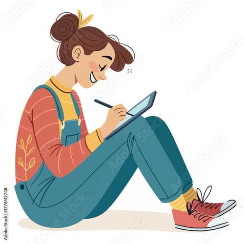 A happy girl sketching on a tablet with a stylus