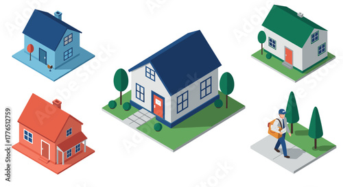 Isometric suburban houses with delivery person on sidewalk