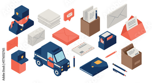 Isometric postal service elements with mailboxes, envelopes, and police officer icons