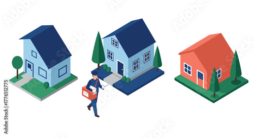 Isometric houses and postman neighborhood delivery scene in 3d style