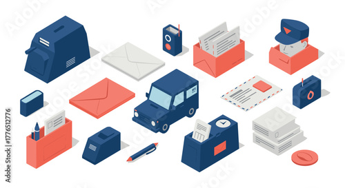 Isometric mail and delivery icons featuring postal elements and vehicles