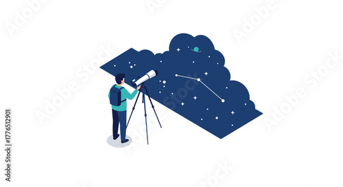 Isometric night sky exploration with telescope and constellation