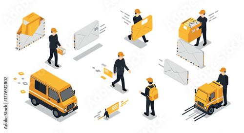 Isometric mail delivery icons featuring couriers, vehicles, and envelopes