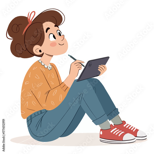 Cartoon girl drawing on tablet computer with stylus