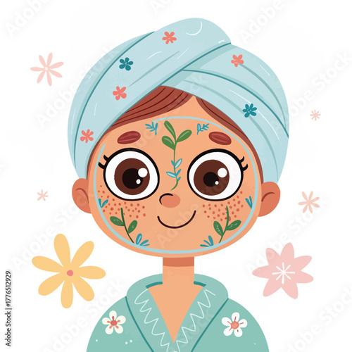 Cartoon girl enjoying spa facial treatment in beautiful illustration