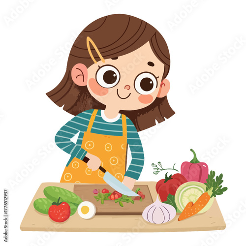 Cartoon girl happily chopping vegetables on a cutting board