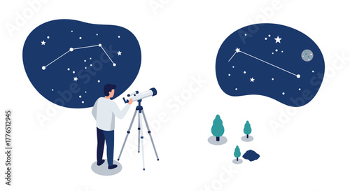 Isometric astronomy scene with stargazer exploring night sky constellations