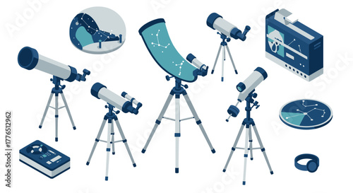 Modern isometric telescopes and astronomy equipment set