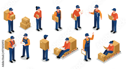 Warehouse team isometric delivery workers with parcels in various poses