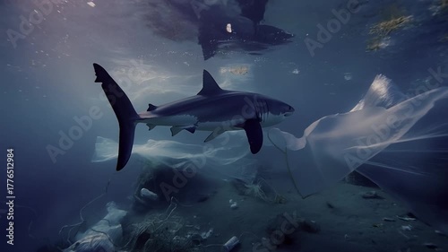 A shark swims through plastic debris. Marine life is threatened by pollution. We must protect our oceans for future generations.