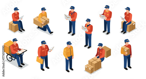 Isometric delivery workers handling packages with tablets and boxes in various poses