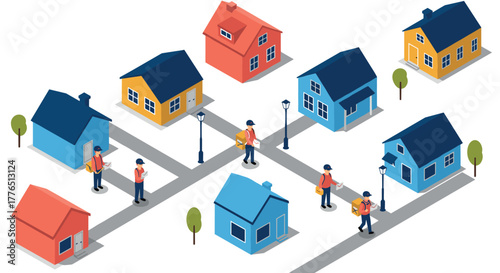 Isometric delivery network couriers navigating suburban streets with packages