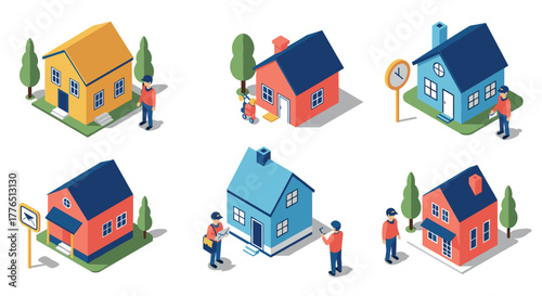 Isometric residential houses and people engaged in outdoor activities