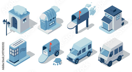 Isometric mail delivery elements vehicles and mailboxes in modern style