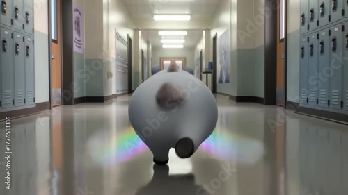 A whimsical character walks down a school hallway, leaving a colorful rainbow trail behind them; the scene captures imagination and wonder.