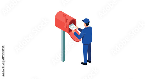 Isometric mailman delivering letter to red mailbox on bright day