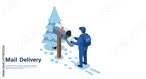 Winter mailman delivering letters to mailbox in snowy forest scene