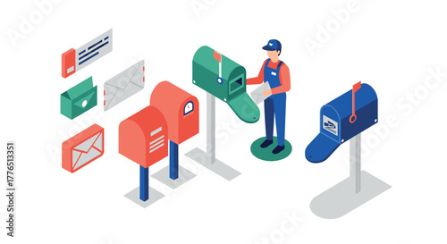 Isometric mail delivery scene with diverse mailboxes and postal worker