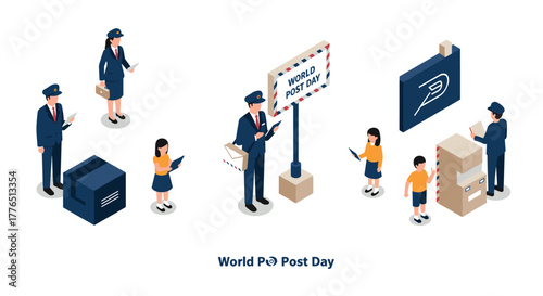 Celebrating global postal service with isometric mail delivery and postal workers