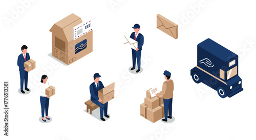 Isometric delivery service concept with people, packages, and truck