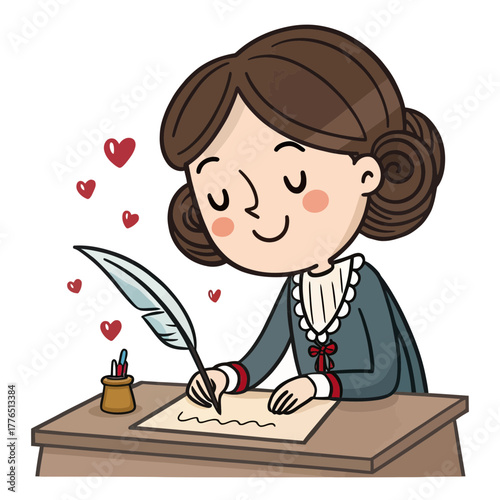 Cartoon woman writing a letter with feather pen on a desk