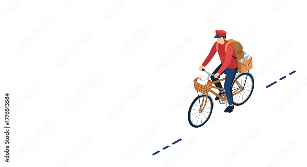 Naklejka premium Isometric bicycle courier delivering packages on a minimalist roadway background