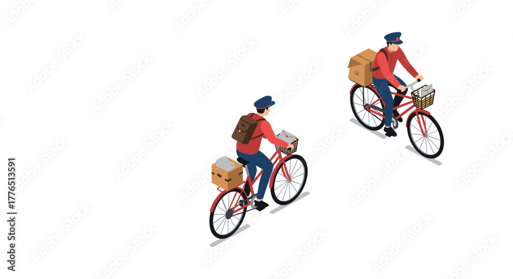 Naklejka premium Isometric bicycle delivery workers in red uniforms with packages