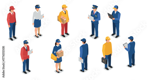 Isometric couriers and delivery professionals in uniform engaging in various tasks