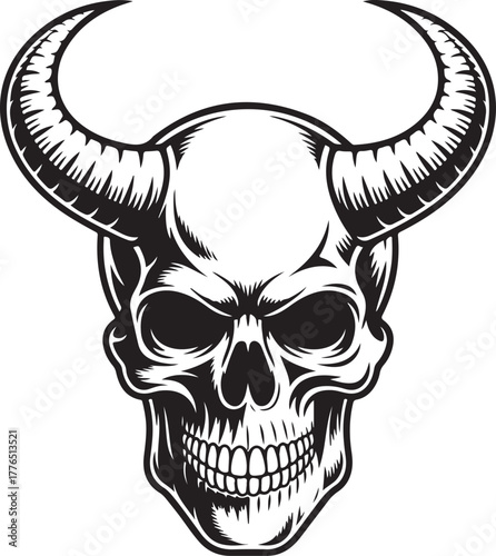 Skull with Horns Illustration Detailed Anatomy Anatomical Structure Tattoo Style