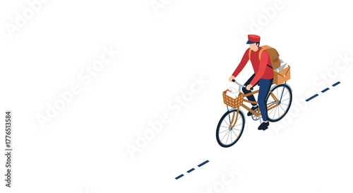 Isometric bicycle courier delivering packages on a minimalist roadway background