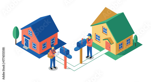 Isometric delivery concept with mail carriers and houses