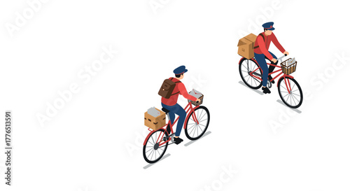 Isometric bicycle delivery workers in red uniforms with packages