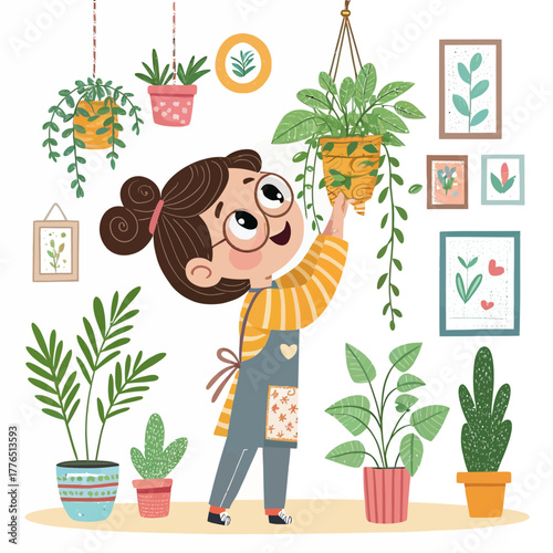 Cute cartoon girl with glasses tending potted plants
