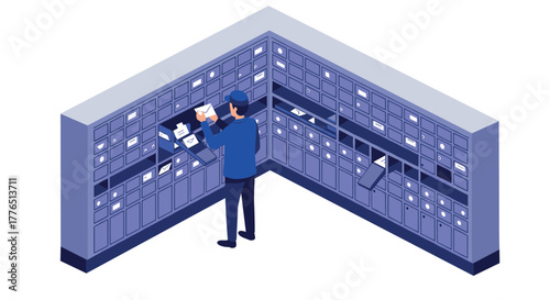 Postal worker sorting mail in modern isometric post office mailbox room