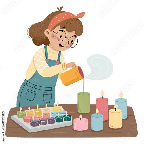Girl crafting candles with a container of melting wax
