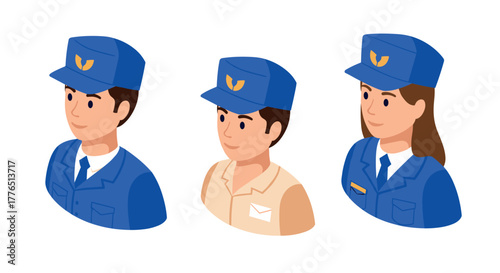 Postal worker icons set in modern 3d isometric style