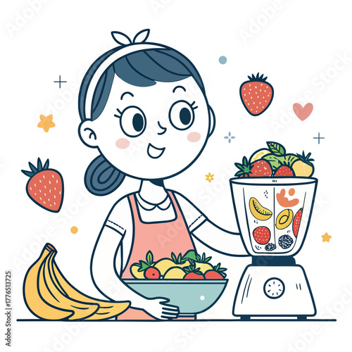 Girl with a blender preparing a delicious fruit smoothie
