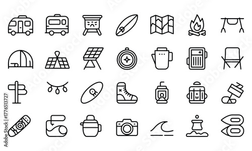 Van life and outdoor adventure line icons