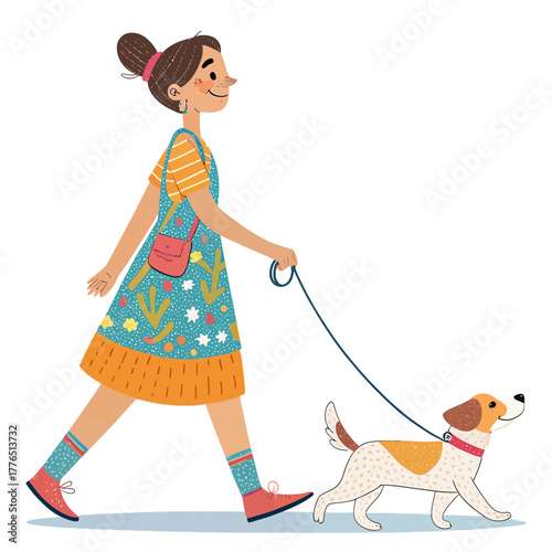 Girl with dog walking together on a sunny day