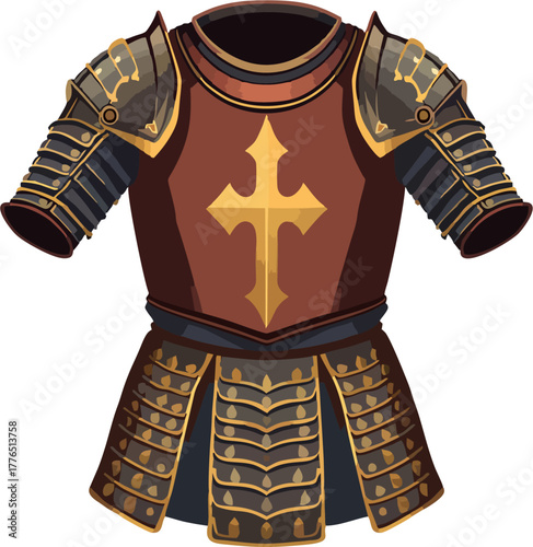 Medieval Warrior Armor with Gold Cross Vector Illustration – Ornate Chestplate and Armored Skirt, Traditional Knight Suit
