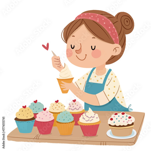 Happy cartoon woman decorating cupcakes with frosting in kitchen