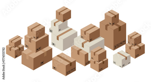 Isometric cardboard boxes arrangement for shipping and storage solutions