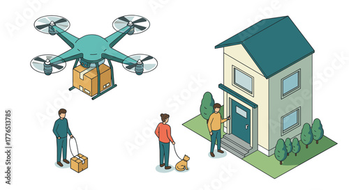 Isometric home delivery scene with drone and pet walking