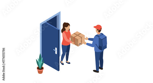 Modern isometric delivery scene with package exchange at doorstep