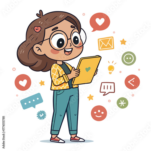 Happy girl with glasses using tablet for online interaction