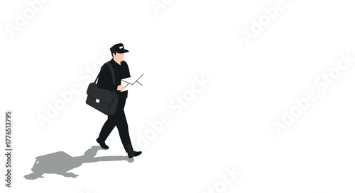 Postal worker in uniform delivering mail walking on blank background