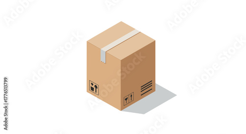 Isometric cardboard box with shipping labels on white background