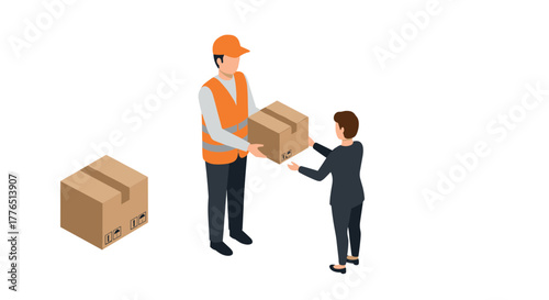 Isometric delivery service concept with worker and customer interacting with parcel
