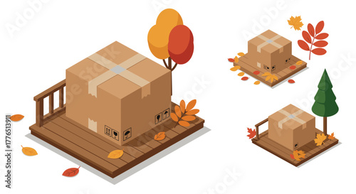 Autumn delivery concept with cardboard box on wooden platform surrounded by leaves and trees